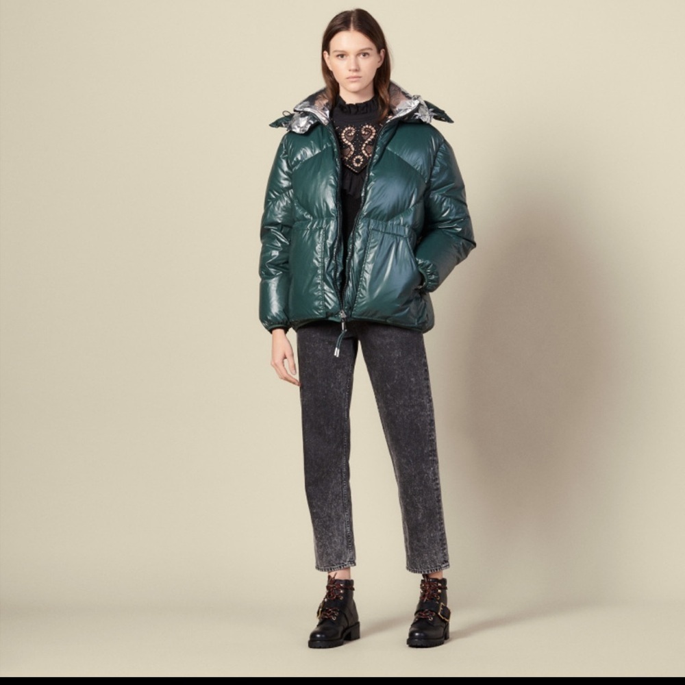 Stylish Sandro Green / Silver reversible Puffer Jacket